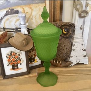 Vintage Indiana  GlassSatin Green  Diamond Point Lidded Urn